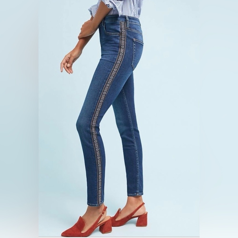 Reiko for Anthropologie Skinny Boho Embroidered Trim High Rise Jeans